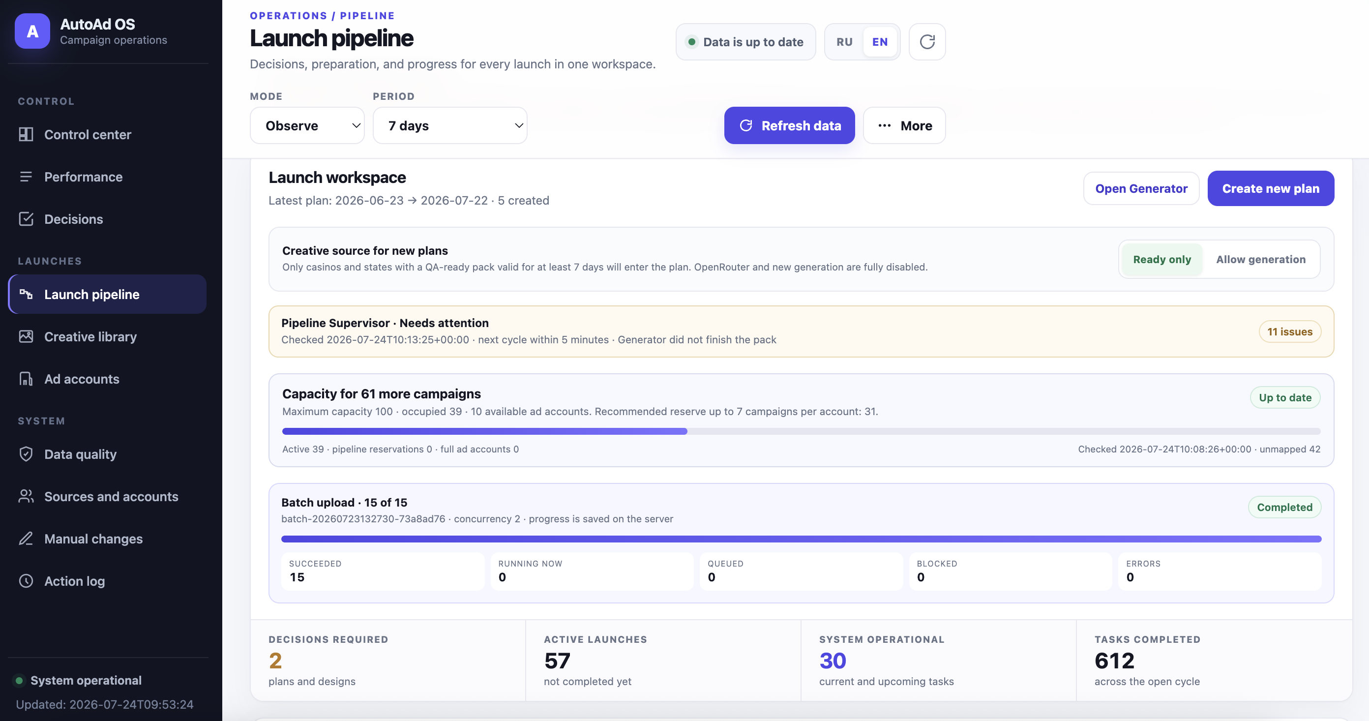 Sanitized AutoAd OS launch pipeline showing capacity, batch launch progress, active launches, and completed tasks
